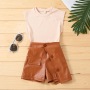 Conyson Summer Brown 1-6Y Littler Girls Clothes Set Cotton Sleeveless Vest Tops PU Leather Shorts Skirts Two Pieces Casual Suits