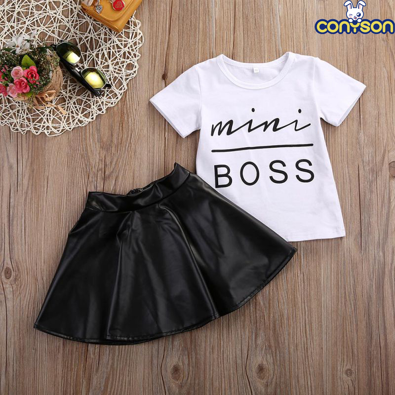 Conyson Wholesale Short Sleeve Pu Leather print logo Skirt Korean Child Girls Summer 2Pcs Clothes Clothing Set