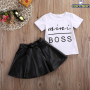 Conyson Wholesale Short Sleeve Pu Leather print logo Skirt Korean Child Girls Summer 2Pcs Clothes Clothing Set