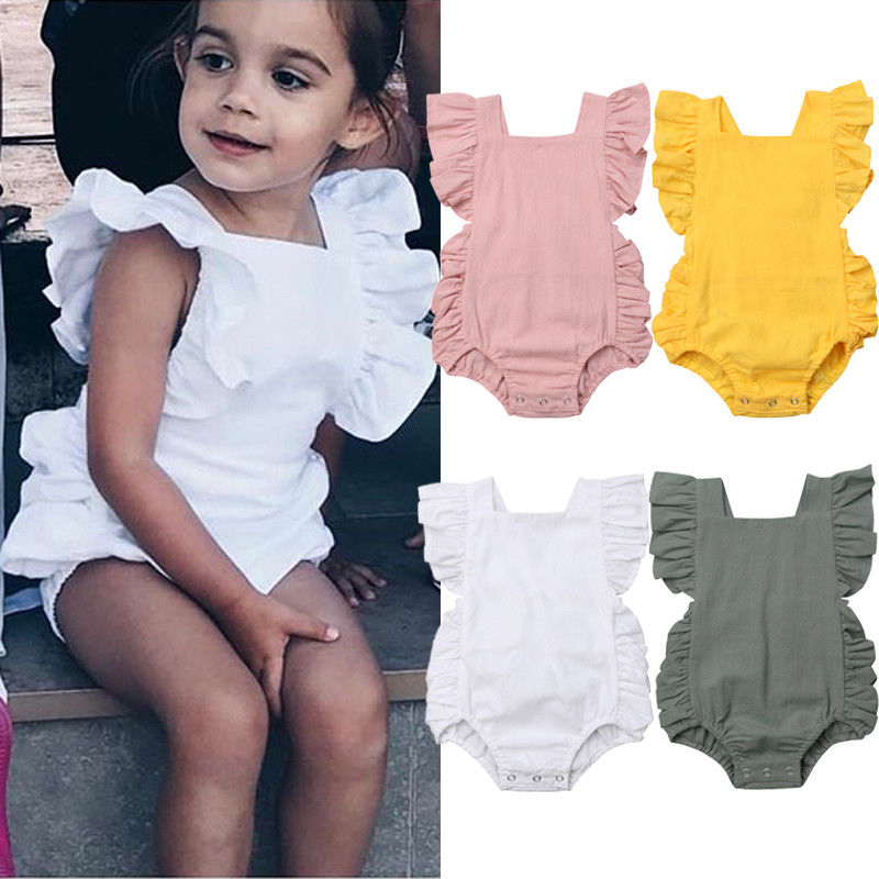 Conyson Wholesale Kids Baby Clothes Summer Sleeveless Candy Color Newborn Infant Baby Girl Solid Ruffle Romper Jumpsuit Outfits