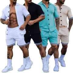 Conyson Slim Fit New Solid Active Wear Buttoned Short Sleeve Shirt Custom Uniform Tracksuit Two Piece Summer Short men Set