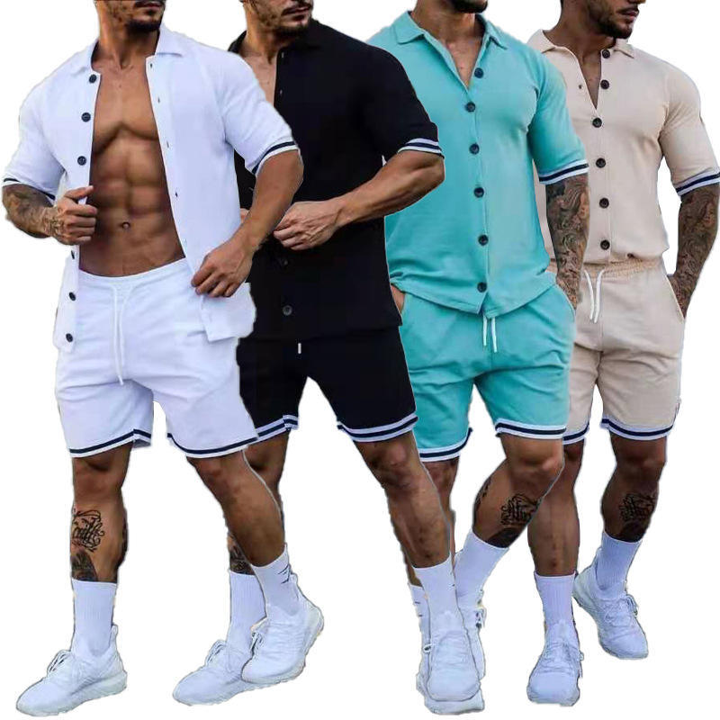 Conyson Slim Fit New Solid Active Wear Buttoned Short Sleeve Shirt Custom Uniform Tracksuit Two Piece Summer Short men Set