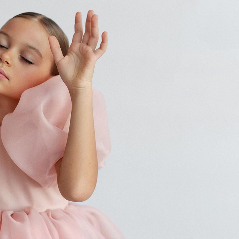 Conyson High Quality Fashion Mesh Girls Princess Vintage Tulle Puff Sleeve Pink Wedding Party Birthday Tutu Dress