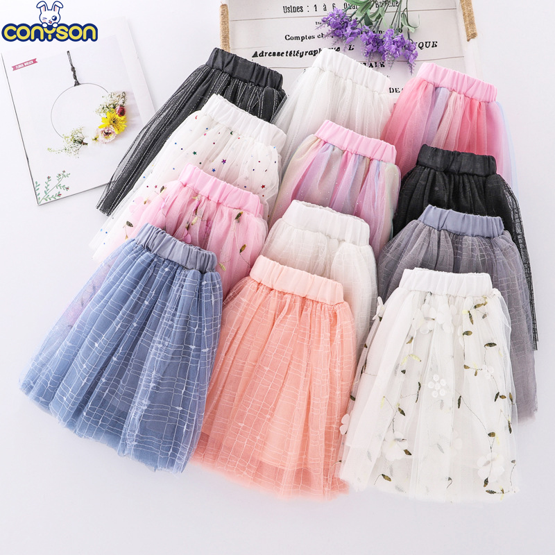 Conyson Hot Sale Spring Summer Kids Clothing Korean Children Colorful Skirts Glitter Embroidery Dance Gauze Tutu Short Dress