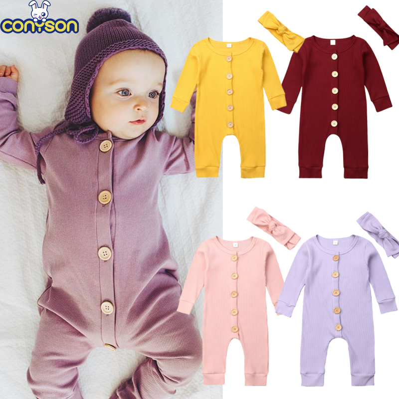 Conyson Girls Knitted Striped Jumpsuit Autumn Baby Clothes Boys Long Sleeve Headband Kids Outfits Girl 2Pcs Set Newborn Rompers