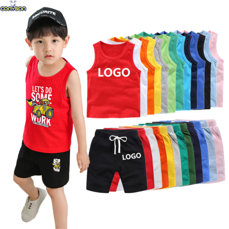 Conyson ins summer Custom logo Made Outdoor toddler boys girls print sets Baby Clothes Kids clothing Tracksuits vest shorts Set