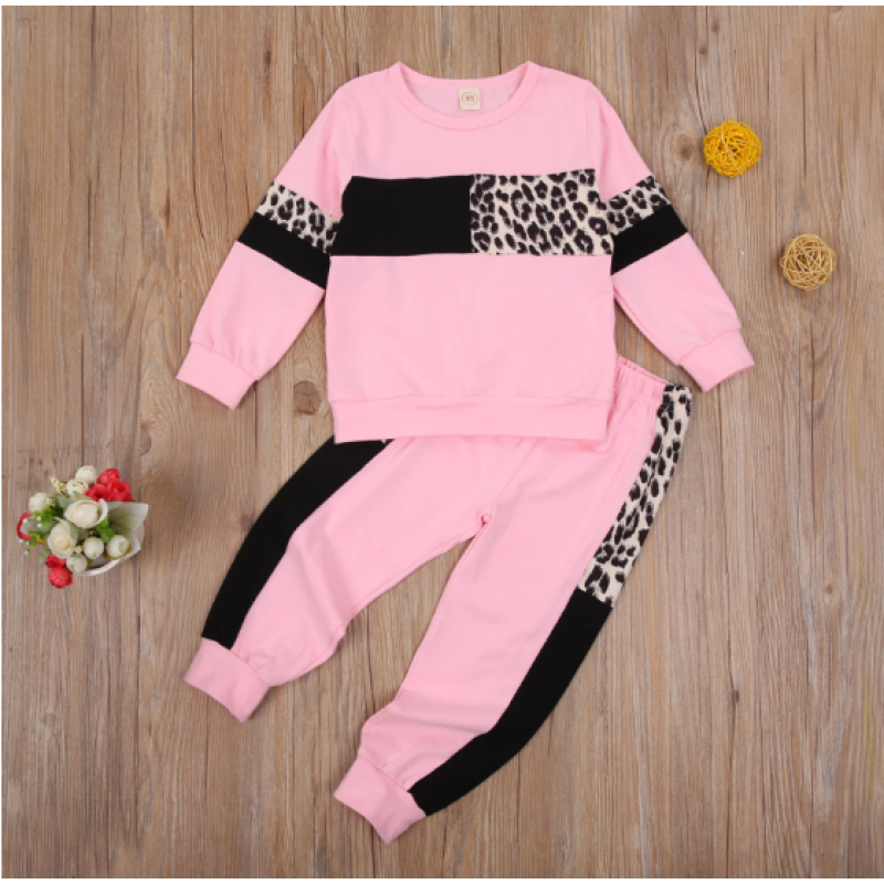 Conyson Patchwork Leopard Two Piece Baby Girl Clothes Long Sleeve Round Neck Top Elastic Head Long Pants Kids Sportswear Suit