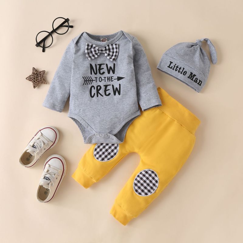 Conyson Autumn and Winter Kids Clothes Boys Long Sleeve Letter Printed Bowknot Embroidered Trousers Hat 3Pcs Clothes Set