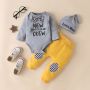 Conyson Autumn and Winter Kids Clothes Boys Long Sleeve Letter Printed Bowknot Embroidered Trousers Hat 3Pcs Clothes Set