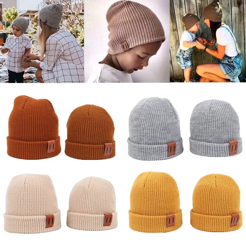 Conyson New Autumn Winter Warm Kids Baby Boys Girls Knit Beanie Adult Children Mommy and Me Hats Newborn with Leather Label