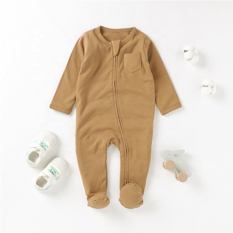 Conyson autumn fashion designer custom logo 100% Organic Cotton Solid New Born Baby Footed Pajamas