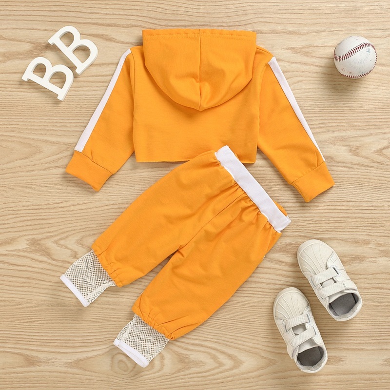 Conyson Baby Girls Sportswear Spell Color Long Sleeve Pullover Hood Crop Tops Mesh Desgin Long Pants Jogging Tracksuit Outfit