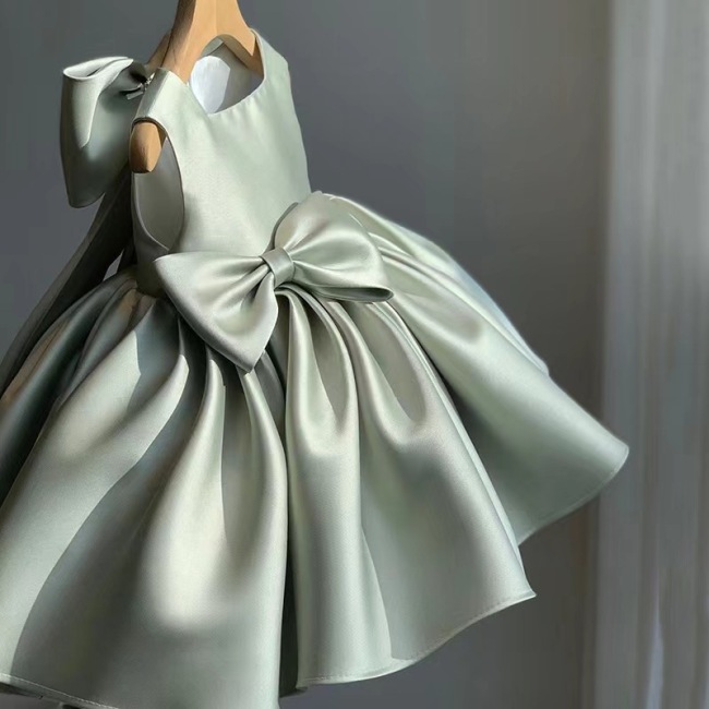Conyson New Style Pure Color Square Collar Sleeveless Wedding Birthday Party Bowknot Linen New Princess Flower Girl Dresses