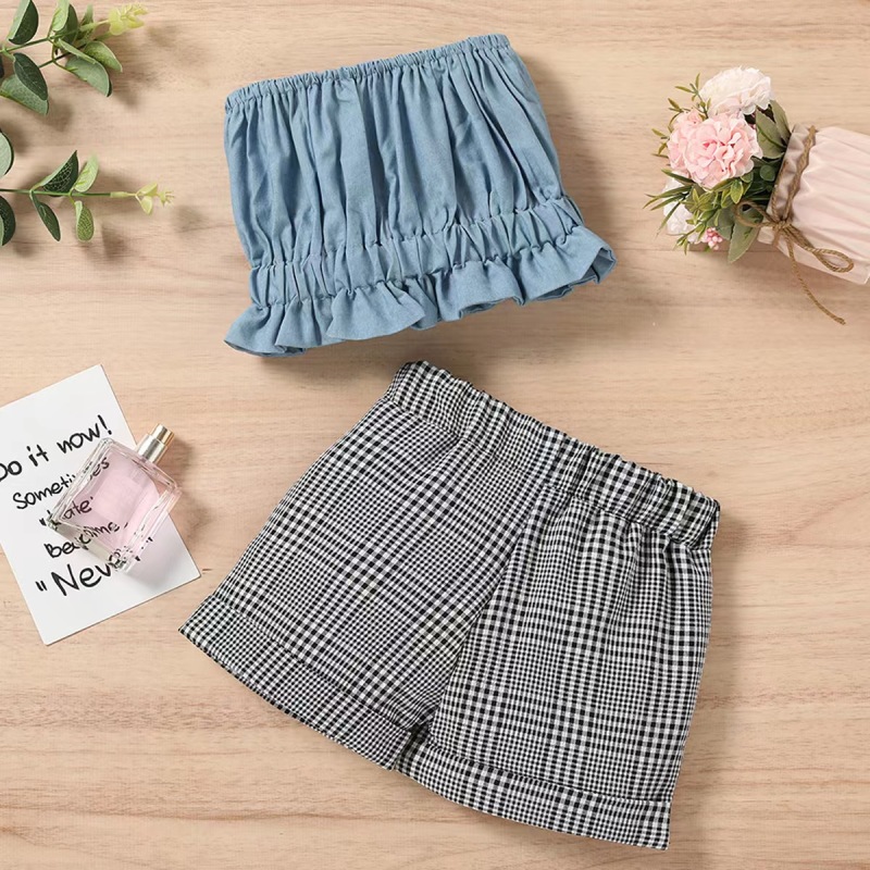 Conyson Wholesale Fashion Summer Girls Suit Blue Sleeveless Boutique Blue Wrinkled Top Plaid Shorts Two Pieces Girl Outfits