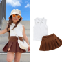 Conyson Summer Fashion White Sleeveless Lapel Knit Top Brown Boutique Pleated Skirt 2 Pieces Clothes Sets Casual Outfits