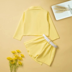 Conyson Latest Design Spring Autumn 3 to 8 Years Old Solid Candy Color With Belt Girl Children Kids Two Piece Short Sets