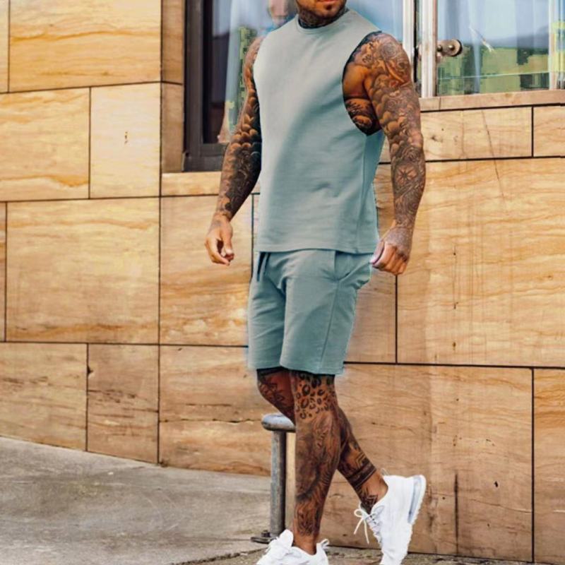 Custom Sleeveless Shirts Shorts Men Suits Solid Color Workout Jogger Two Pieces Clothing Casual Sports Fitness Sets