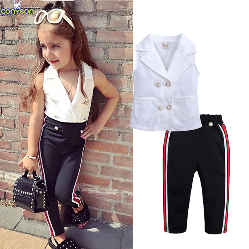Conyson INS hot fashion boutique style Baby Girl summer children sleeveless BUTTON stripe clothes casual Suit kid clothing Set