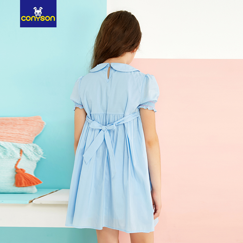 Fashion A-Line Floral Petal Sleeve Turn-Down Collar Wholesale Cotton Smocking Summer Girl Dress
