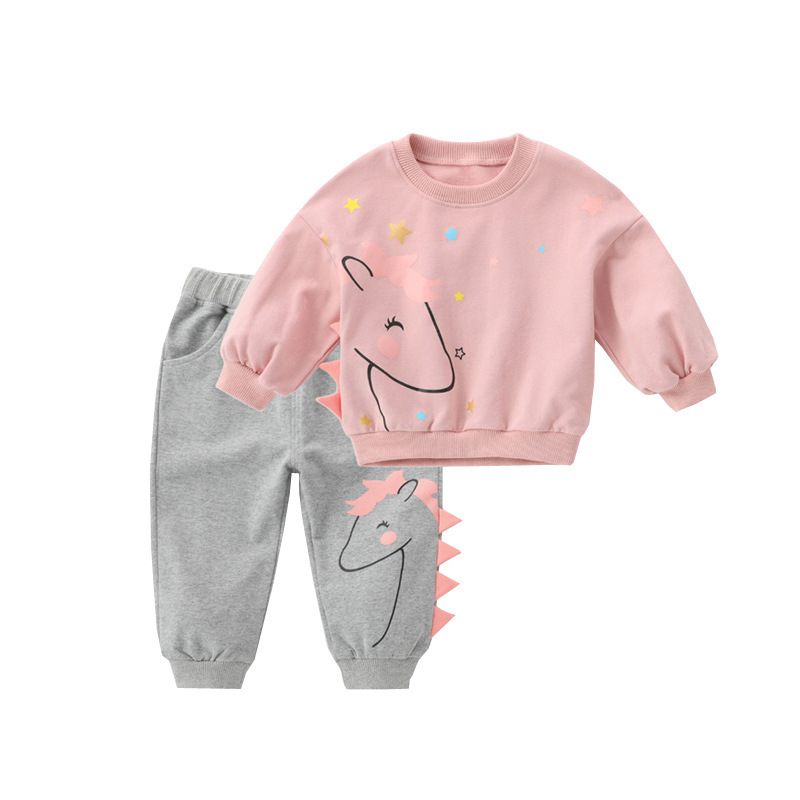 Conyson Fashion New Soft Fabric Cartoon Children's Long Sleeve cotton print rainbow horse Two-piece Winter Clothing Set