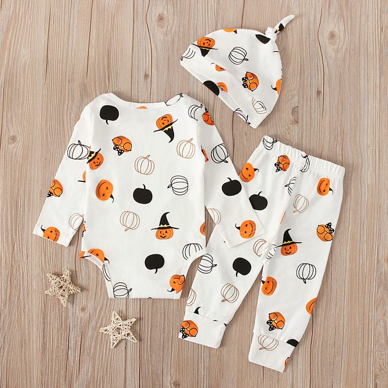 Toddler Romper Boy Girl Baby Halloween Clothes Print Ghost Pumpkin Newborn Long Sleeve Playsuit Pants With Headband Suits