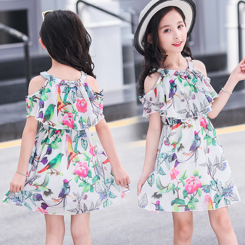 Top Pick Summer Girls Casual Dresses Girls Princess Party Ruffle Dress Print Short Sleeve Off-the-shoulder Girls Dress