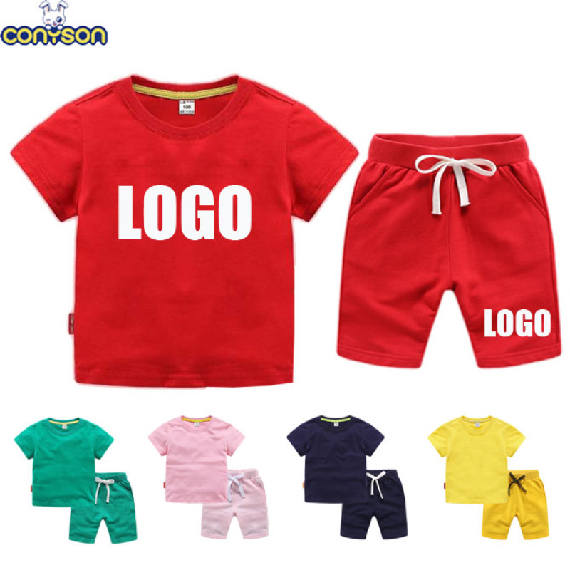 Conyson Summer Solid Color Cotton Shorts T Shirt Kids apparel Custom logo Baby Boys Clothing Sets 2 To 12 Years Old Clothes Sets