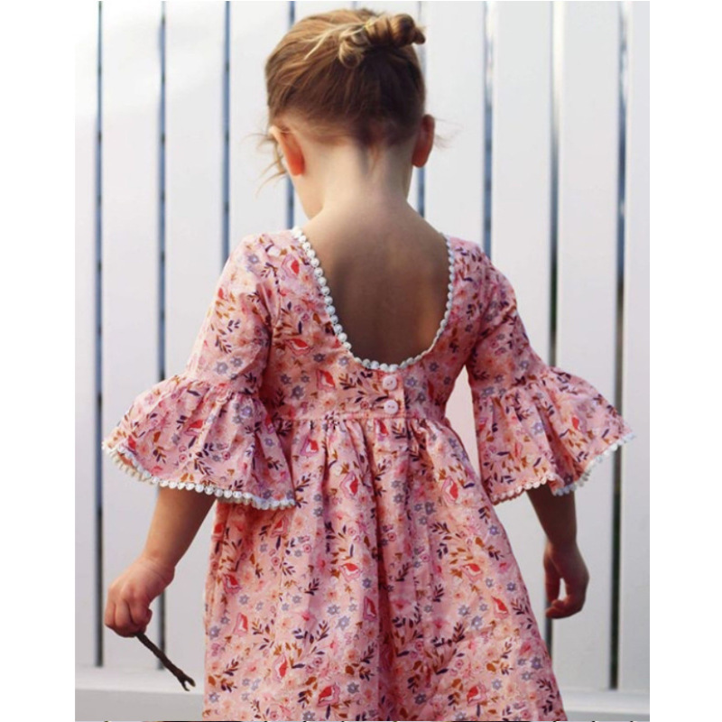 Conyson Summer Flower Kids Girls Dress Flare Sleeves Lace Casual Children Girl Cotton Pink Sweet Elegant 2-6Y Girls Dresses
