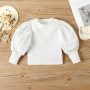 Conyson Casual Kids Girl Clothes Knit Sweater Leather Pants Outfits Long Puff Sleeved Top Pu Trousers Elegant 2pcs Girls Set