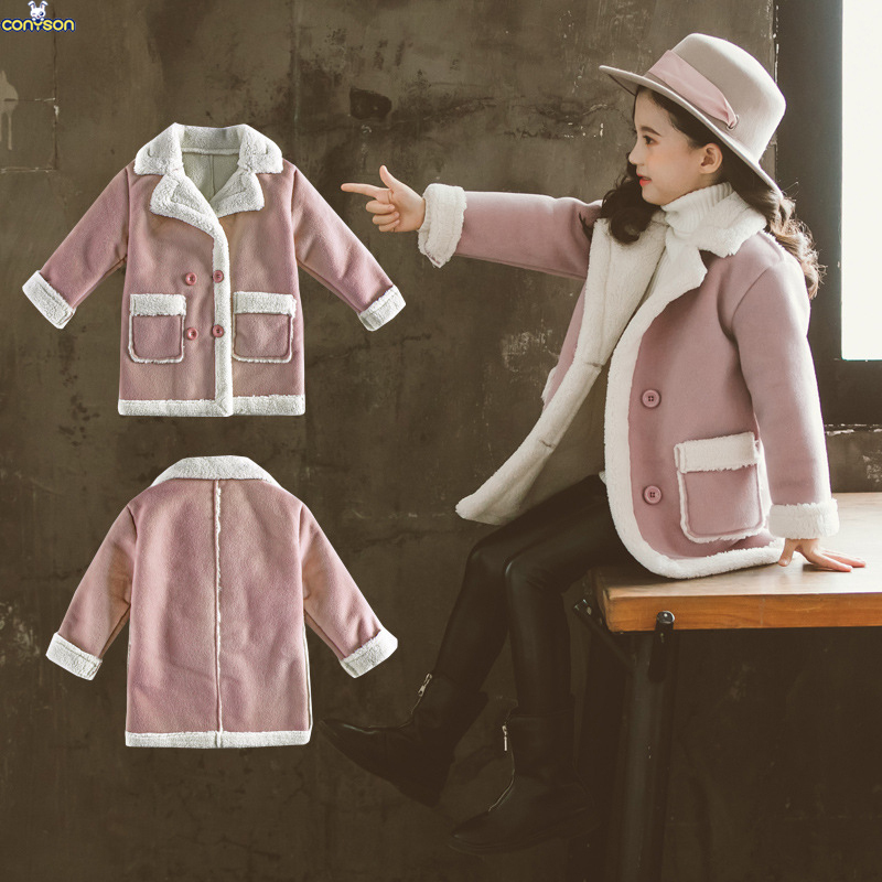 Conyson wholesale rts korean kids fashion boutique baby clothes Woolen Girl Long Sleeve Autumn Winter button fur clothing Coat
