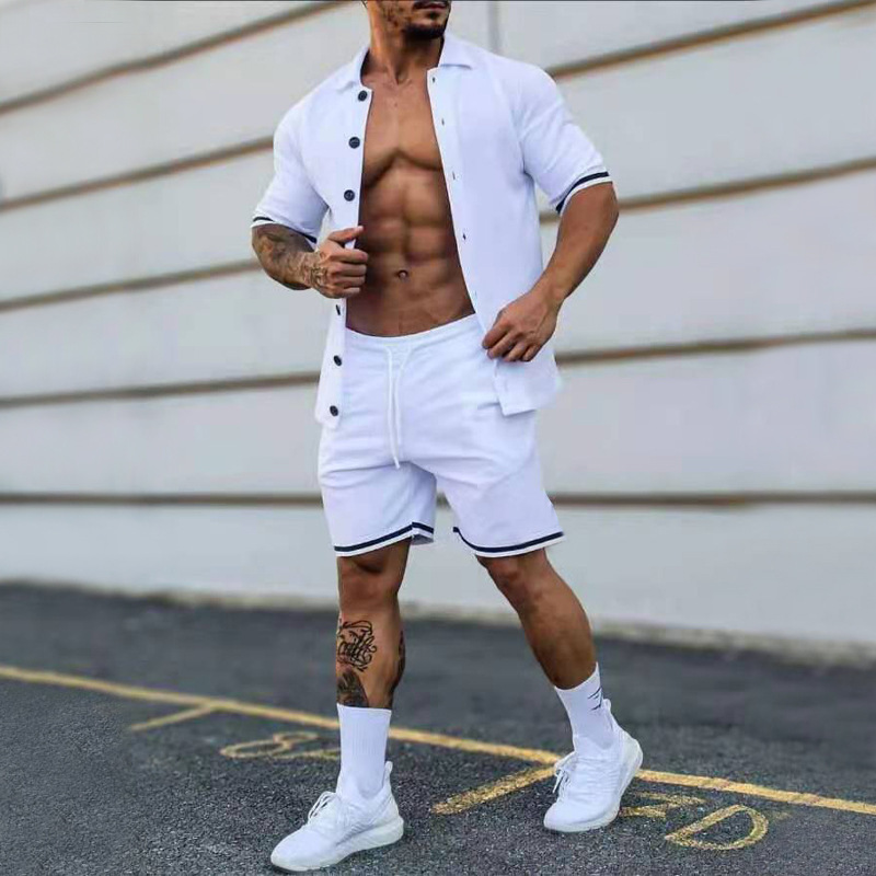 Conyson Slim Fit New Solid Active Wear Buttoned Short Sleeve Shirt Custom Uniform Tracksuit Two Piece Summer Short men Set