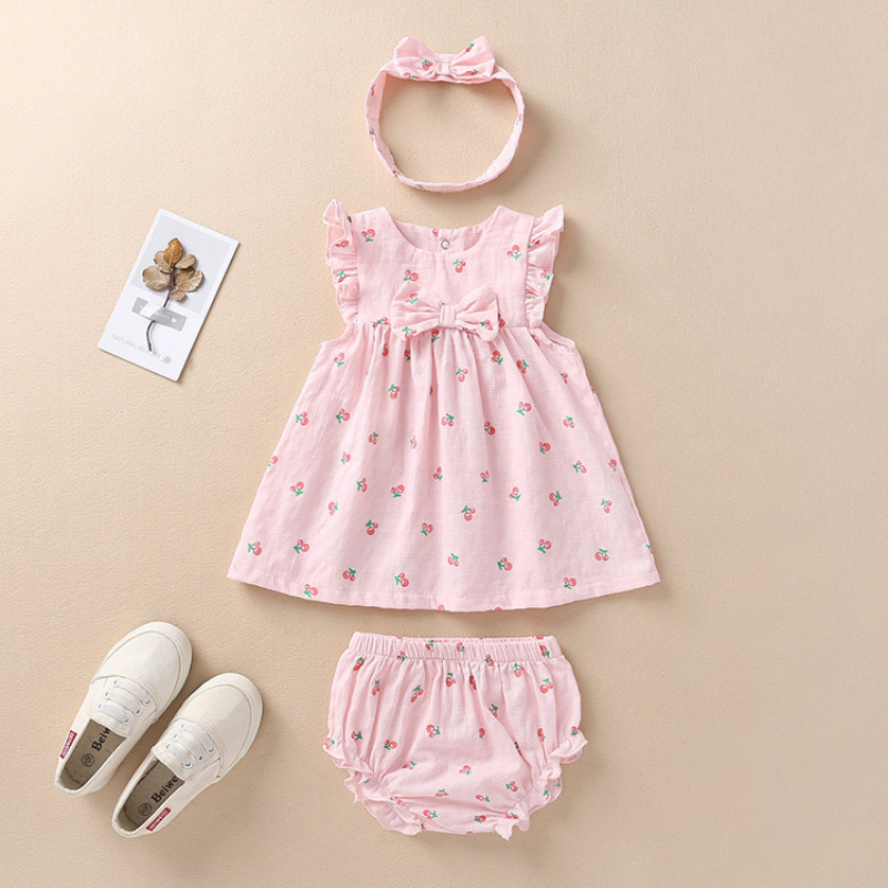 Conyson direct sales wholesale price 0-2Y bunny sleeveless ruffle floral strawberry sweet with bow 3 Pieces cute baby rompers