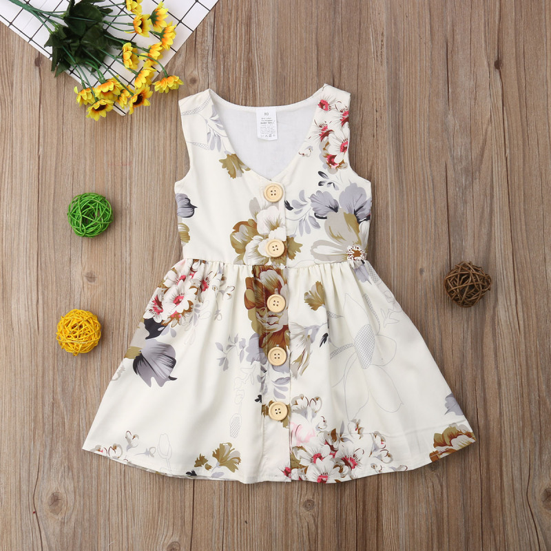 Conyson Wholesale Summer New Kids Clothes Children Baby Girls Sleeveless Printed Skirt Button Big Flower Cotton Baby Girls Dress