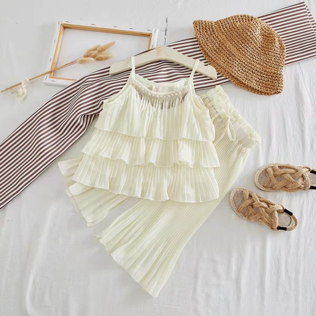 Conyson Latest Design Summer Halter Top Wide-legged pants Classy Style Frill Chiffon Little Girls 2 Pcs Set