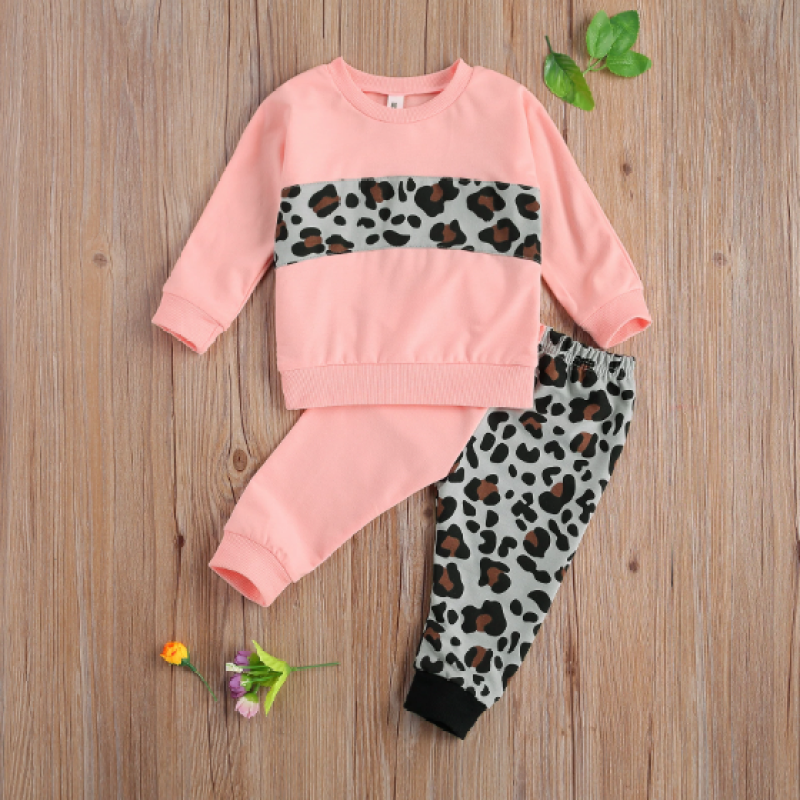 Conyson Girl's Two Piece Set Children's Leopard Printed Color Block Crew Neck Long Sleeve Pullover Pants Set