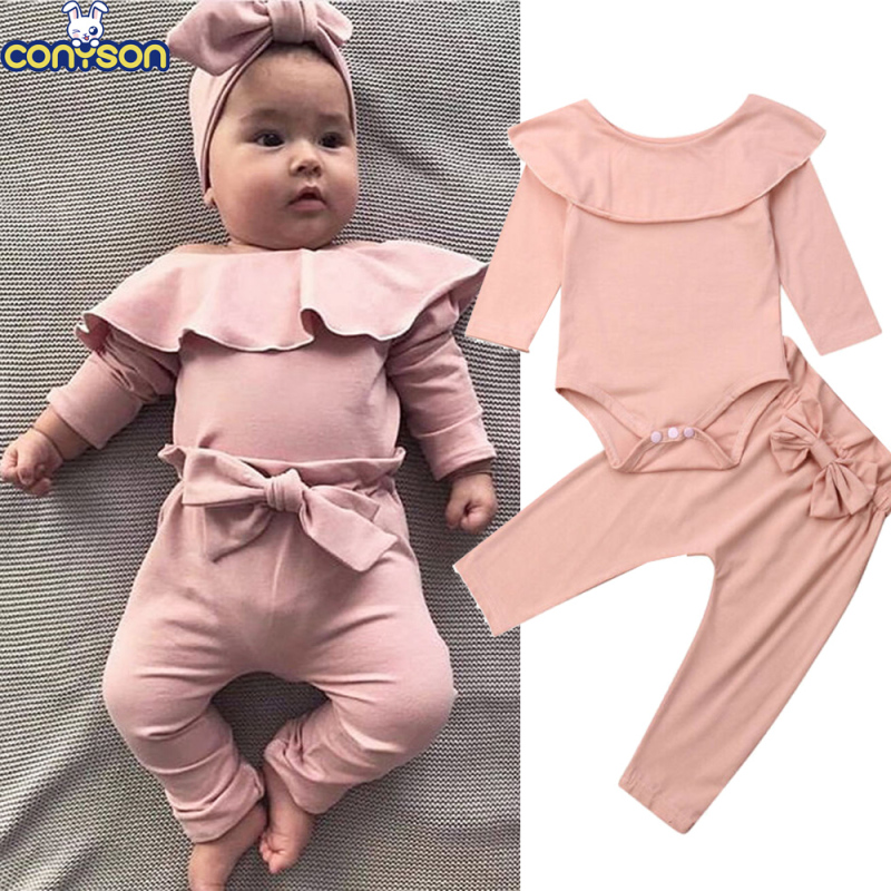 Conyson Toddler Kids Baby Girl Ruffle Bodysuit Romper Top Solid Bowknot Pants Trousers Autumn Cotton Long Sleeve Outfit Clothes