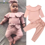Conyson Toddler Kids Baby Girl Ruffle Bodysuit Romper Top Solid Bowknot Pants Trousers Autumn Cotton Long Sleeve Outfit Clothes