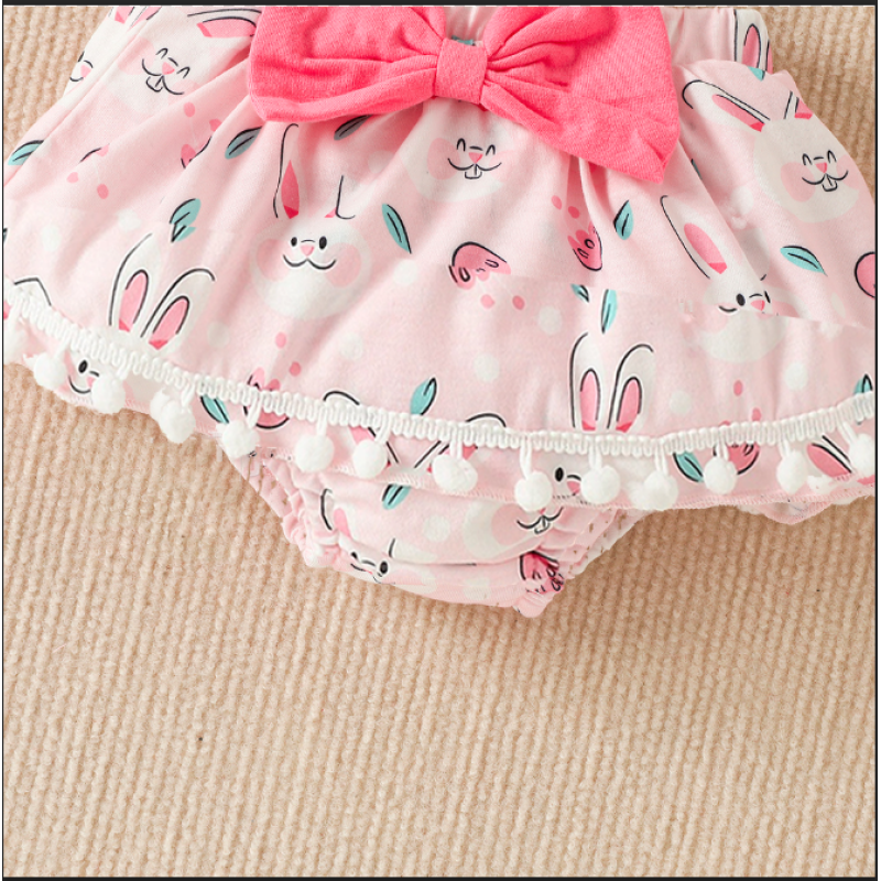 Conyson RTS Summer Letter Romper Suspender Shorts With Kneecap Three Pieces Cute Baby Girl Clothes Easter Kids Wear Clothing