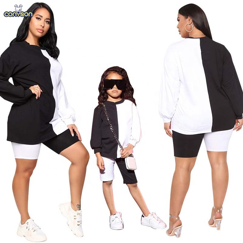 Conyson Summer Casual Mother Daughter Black White Short Sleeve Matching Sweatshirts Family Set Mommy and Me Clothes Suits
