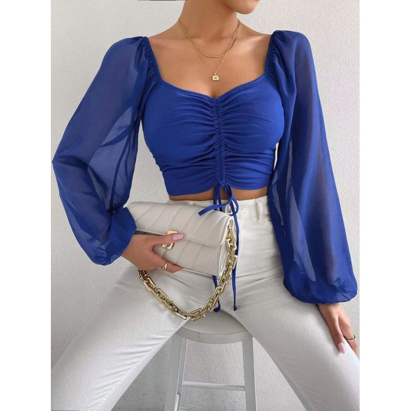 Conyson Fashion Spring Fall Long Sleeve Sexy Deep Square Neck Crop Top Chiffon Shirts Tops Short Women Lady Blouse Clothes