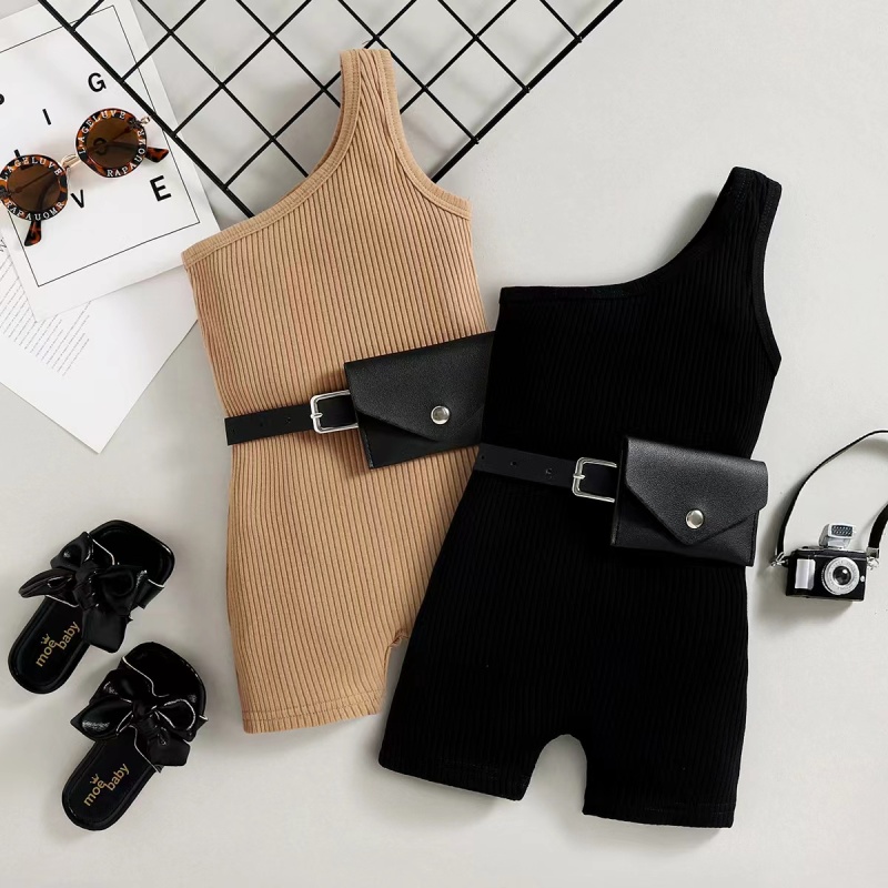 Conysonhot sale kids clothes summer baby clothing sleeveless stripes solid top vest shorts pack bag belt two pieces set