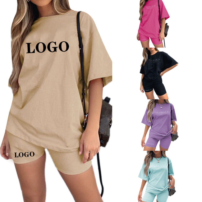 Wholesale Summer Tracksuits Logo print High Quality Loungewear Exercise Jogger Fitness Outfit Sweatsuit Short Sets For Women