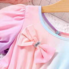 Conyson 2023 Summer Costume Casual Ruffle Bubble Sleeves Bow Flower Vintage Fairy Silk Tulle Kids Birthday Pageant Girl Dress