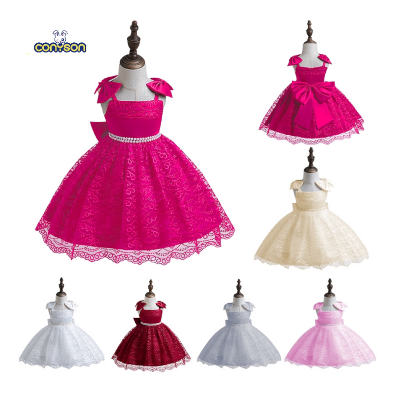 Conyson Embroidered Bow Children Dresses Tie Sleeve Pompous Satin Princess Dress Night Party Performance Dress for Baby Girls