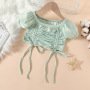 Conyson Wholesale Fashion Toddler Kids Girls Clothes Sets Summer Solid Tie-Up Straps Sleeve Crop Tops + Elastic Waist Ruffles