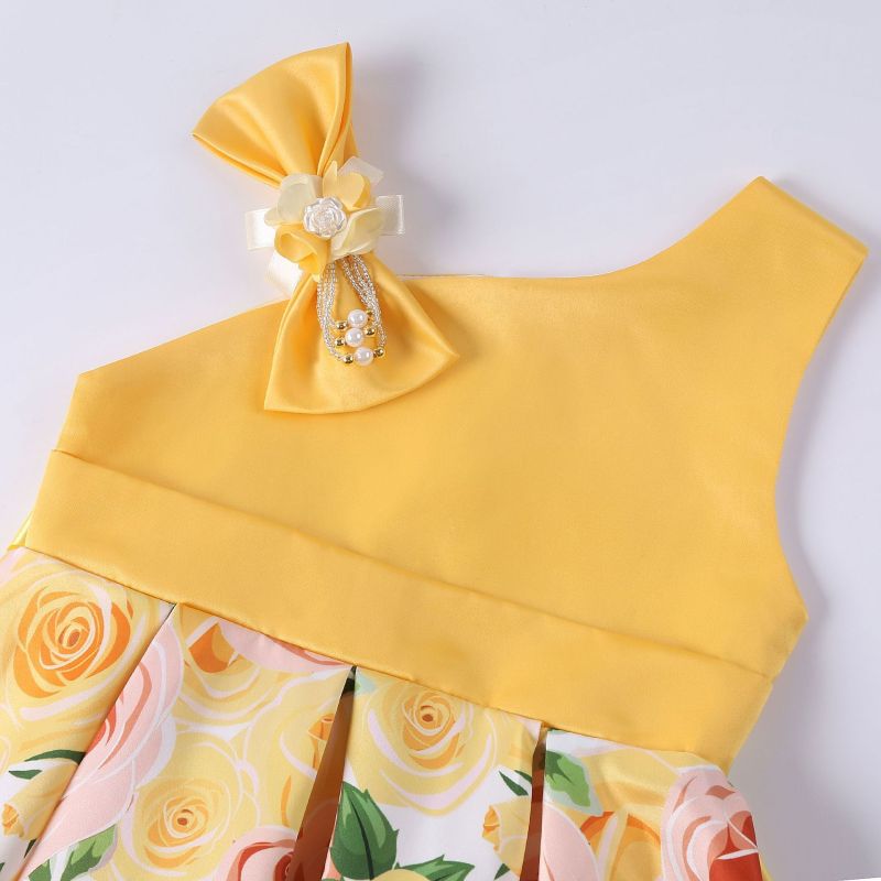 Fashion A-Line Sleeveless Polyester Floral Kids Summer Girl Party Boutique Dress Yellow