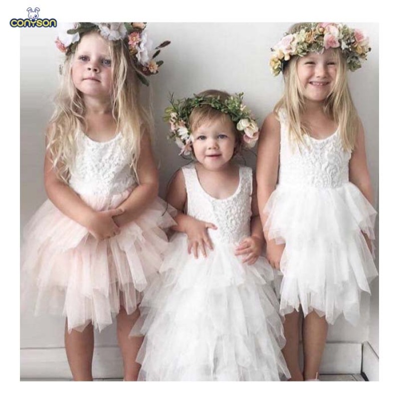 Conyson Baby Girl Lace Flower Applique Dress Cake Design Party Prom Princess Dress Bridesmaid Backless Toddle Girls Tutu Dresses