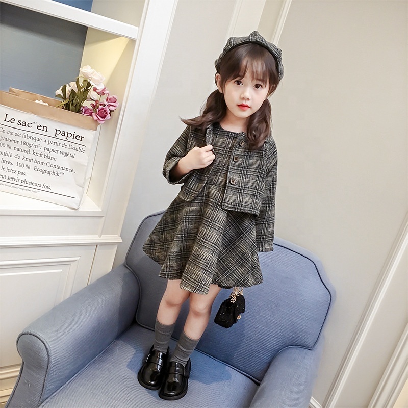 New Hot-selling Kid Plaid Set Autumn winter girls Dress And Cardigan Set 3pcs girls clothing sets