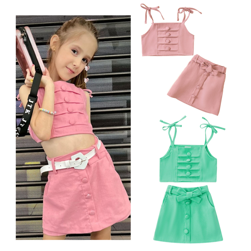 Conyson Fashion Kids Girls Clothes Sets 2pcs Plain Shoulder Straps Crop Camisole A-Line Skirts With Waist Belt Children Clothing