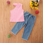 Conyson Wholesale Kids Clothes Fashion Summer Kids Girls Clothes Sets 2pcs Off Shoulder Halter Solid Tops Hole Blue Denim Pants